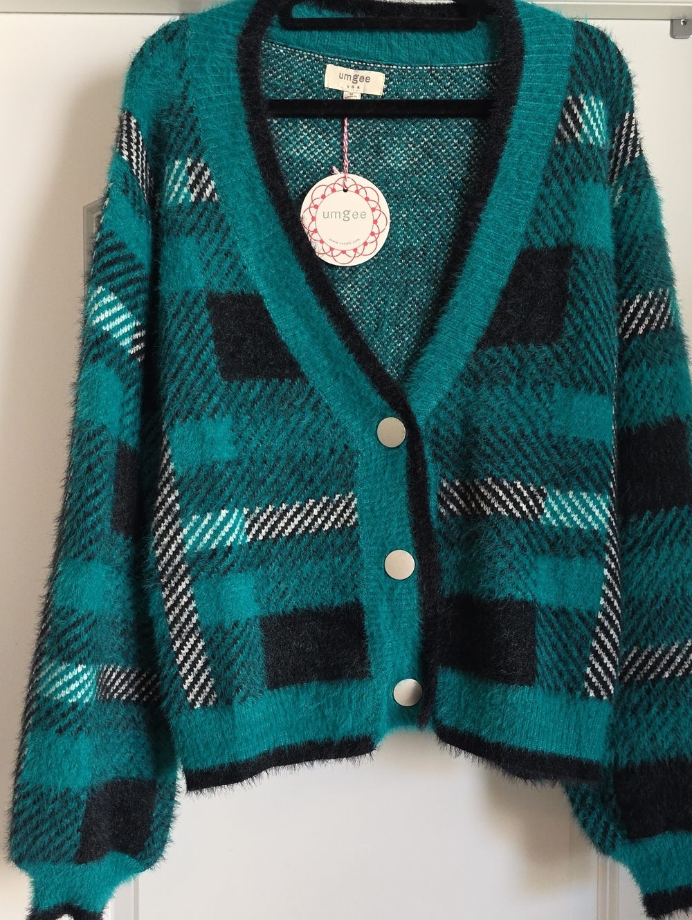 NWT umgee Medium Plaid Fuzzy Button-Front Cardigan Sweater